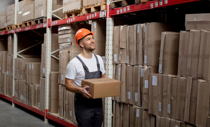 Warehouse worker preparing inventory for Amazon FBA in a fulfillment warehouse